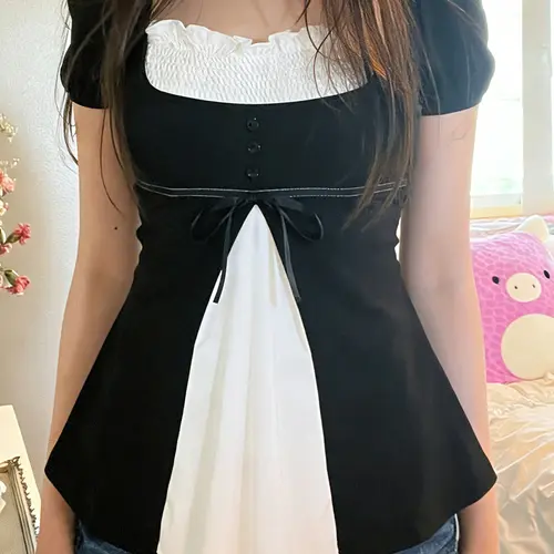 Women's Cute Bowknot Frill Trim T-Shirt, Y2K Bubble Sleeves Button A-Line Patchwork Summer Top, Casual Summer Tops