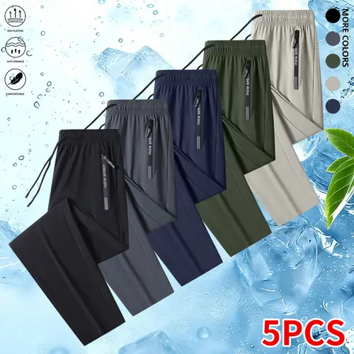 Men’s casual sports pants set, 5 pieces, featuring a drawstring waistband and zippered pockets; solid-color elastic athletic pants suitable for summer wear,summervibes