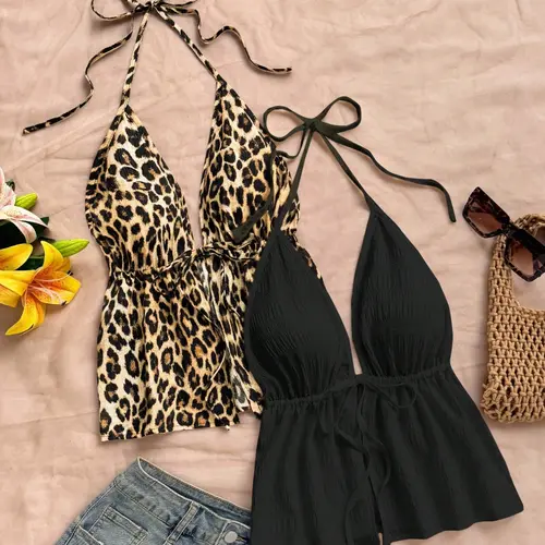Fashion Chic Sexy Women's Backless Halter Camisole Tank Top Set, Leopard Print Adjustable Tie Back Design, Trendy Fitted Spaghetti Strap, Perfect for Summer Vacation, Date, Travel and Commuting, Womenswear