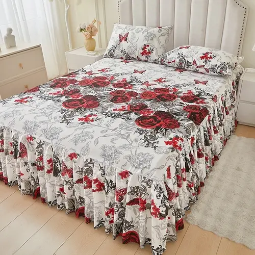Floral Print Ruffled Bed Skirt Set, 3-Piece Printed Bedding Set with Bed Skirt and 2 Pillowcases (No Fillers) for Home Bedroom