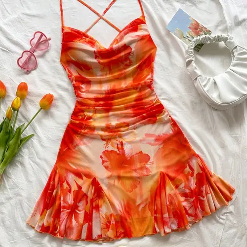 Orange gradient Floral hibiscus-print strappy cross-strap ruched sleeveless mini dress, blending bohemian vacation vibe and Y2K pure sexy style. Perfect Summer Beach seaside resort dress for dates, music festivals and parties, Bohemian Fashion.