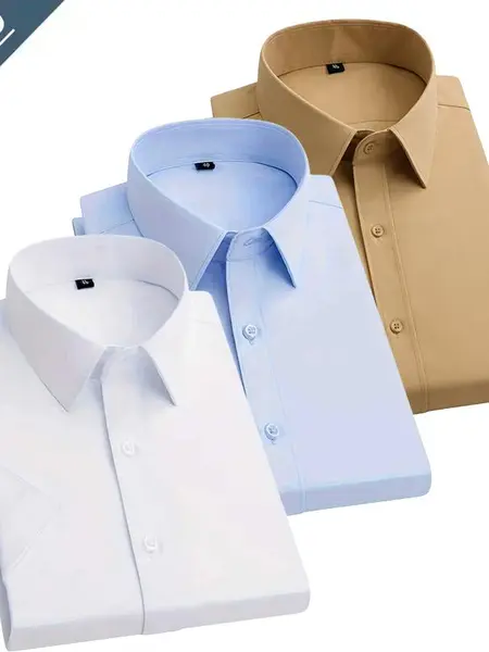 3-pack men’s formal solid-color dress shirts, mature professional commuter style; skin-friendly, breathable fabric that is easy to care for and resists deformation; classic notched lapel and single-breasted design—simple yet elegant; slim fit that shapes