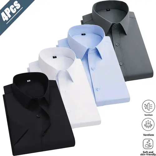 4-pack essential men’s classic dress shirts for all seasons in four colors. Suitable for everyday casual wear and commuting; soft, skin-friendly, breathable fabric that is comfortable and easy to wear long-term. Classic notched lapel design—simple yet sop