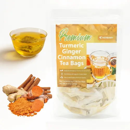 Herbiary Premium Herbal Health Tea Bags (120 Count) - Turmeric Ginger Cinnamon Blend, 100% Natural, Gluten-Free, Sugar-Free, Summer Beverage, Healthier Choice