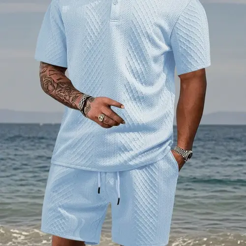 Men's Solid Short-Sleeve Plain Polo Shirt & Adjustable Strap Drawstring Waist Shorts Set, Stylish Casual Cozy Breathable Menswear Classic 2-Piece Summer Outdoor Everyday Clothing Set