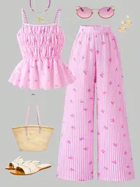 Girls' Striped Bow Tie Top and Straight Leg Pants Set, Casual Summer Holiday, 2 Piece Set, Summer Outfits Set, Fitted Style, Long Regular Length, Summer Clothing Set, Striped Sets
