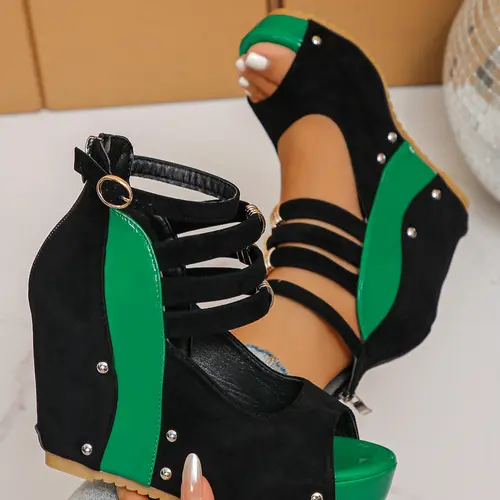 Women's Summer Wedge-Heel Thick-Soled Rubber Sandals, Punk Rivet Multi-Strap Color-Block Chunky Wedge Sandals, Stylish Elegant Party Holiday Shoes, Fashionable Wedge Shoes, Summer Party Footwear