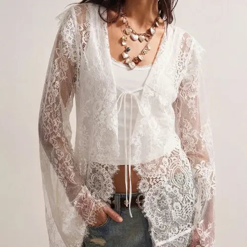 Florboom Women's Lace Sheer Cardigan, Summer Floral Lace Layer Hoodie with Front Straps Perfect for Wearing as a Base Layer, Light Cover-up, Casual Wear, Vacation,Summervibes