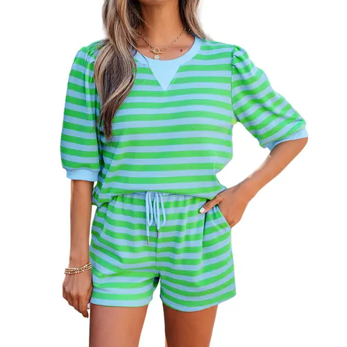 Asvivid Women's Stripe Puff Short Sleeve T Shirt Top and Drawstring Elastic Waist Short Matching Shorts Set Casual Cute Spring Clothes Summer Outfits#DealsForYouDays