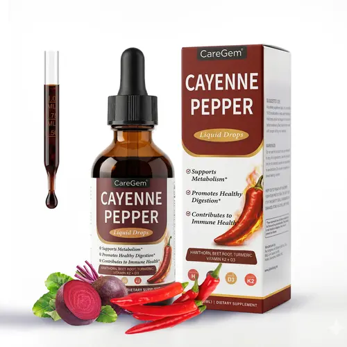 CareGem Cayenne Pepper Drops with Vitamins D3-K2 MK-7 - 30:1 Organic Beet Extract & Hawthorn Support - Boosts Circulation, Liquid Berberine, Turmeric in Drops, Panax Ginseng - 2 Fl Oz Blood Flow Supplement