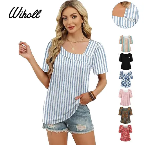 WIHOLL Womens Summer Tops Short Sleeve Shirts Square Neck Spring Outfits 2026 Fashion Clothing Blouses Boat Womenswear Shortsleeve Button Loose Minimalist Casual Basic