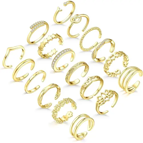 18PCS Toe Rings for Women Non Tarnish Gold/Silver Rings Open Flower CZ Band Toe Ring Set Adjustable Ring Summer Beach Foot Jewelry Gifts, Stackable Ring, Waterproof