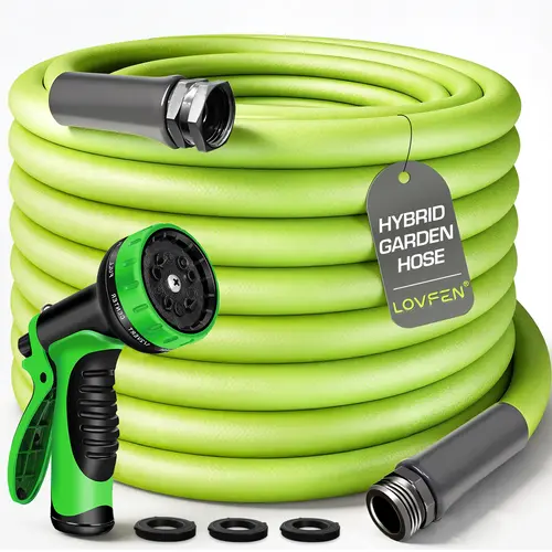 LOVFEN 25Ft 5/8 Inch x 150 PSI Flexible Leakproof Rubber and Plastic Garden Hose| Durable Green Hose for Home, Outdoor, Lawn, Patio| Safe Drinking Water, American Standard Threaded Connections