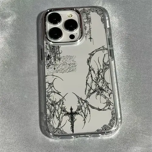 Phone case: Fashion Art Y2K retro gothic phone case, suitable for iPhone 17/16e/16/15/14/13/12/11 Pro Max/Air/X/XR/XSMAX/8/7 Plus, metal silver lens frame, transparent soft back cover
