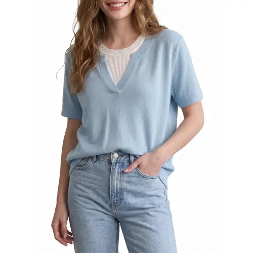 Shewin Women's Notch Neck Short-Sleeve Loose-Fit Solid Basic Knit Blouse, Casual Knitwear for Daily Wear DealsForYouDays,summerwins,summeroutfits,vacationoutfits,beachoutfits,back to school,back to school shopping