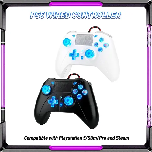 summerwins Plastic Wired Game Controller for PS5, PC & Steam Video Games, Built-in 1000mAh Batteries, Enhanced Dual Vibration, 6-Axis Motion Sensor, Trackpad/Touchpad, Console-Smartphone Connection Accessory, Built-In Bat.