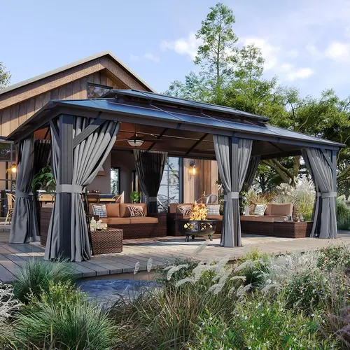Aoxun Permanent Hard Top Gazebo (10'x14/12'x20') – Modern Aluminum Metal Frame Canopy, Outdoor Patio Structure with Double Wall Polycarbonate Roof, Curtains, Mosquito Netting, Brown&Gray for Backyard, 2/4-Package Shipping