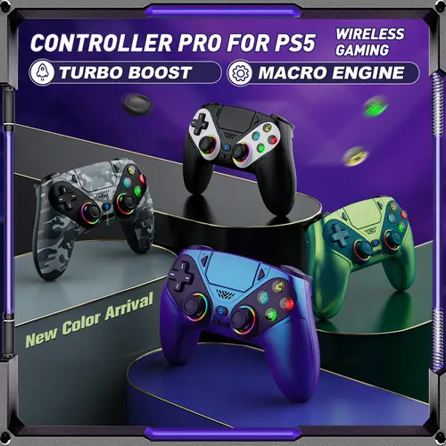 Wireless Pro Gamepad for PS5 Console - LED RGB Light, Turbo, Macro Programmable Buttons, Dual Vibration, Motion Sensing, Anti-Drift Calibration Guide, 1000mAh Fast Charging, Plug Connection, Memory Function Compatibility with Playstation 5, Gaming Stuff