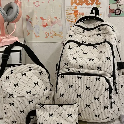 2026 New College Style Cute Bow Corduroy Zip Backpack Shoulder Bag, Versatile Crossbody Small Bag, Multiple Colors Available, Three-Piece Set Backpack Combo, Cute Backpacks