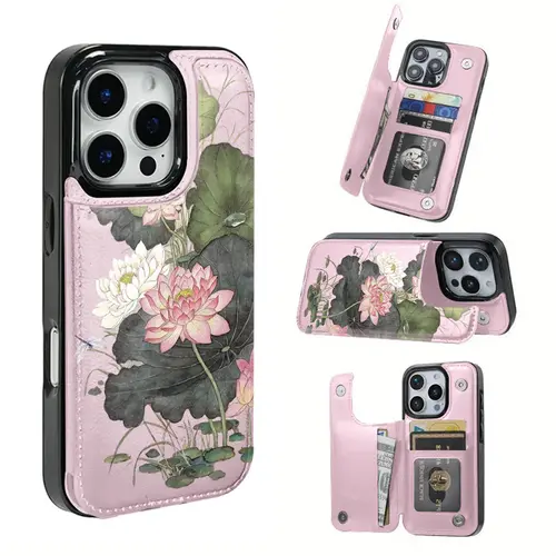 Mobile phone case: Lotus theme function protective case, built-in card clip design, can store bank cards, transportation cards and other cards, suitable for iPhone 16 Pro Max, iPhone 17/Air/16/15/14/13/12 Pro/11/XS Plus Max, and Samsung S22/S23/S24/S2
