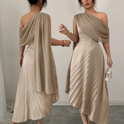 Women's Summer New Mesh Patchwork Woven Elegant Sleeveless Off-Shoulder Dress, Asymmetrical Irregular Hem Fitted Dress, Plain Style, Perfect for Casual Wear