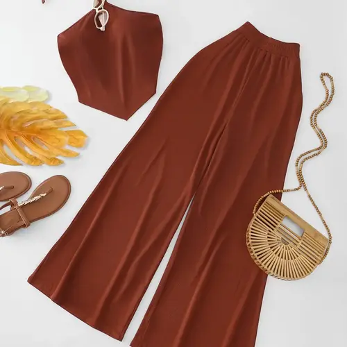 Women's Casual Comfortable Vacation Halter Top and Loose Baggy Long Pants Two-Piece Set Outfit, Summer Minimalist Fashion Style, Perfect for Travel Matching Sets