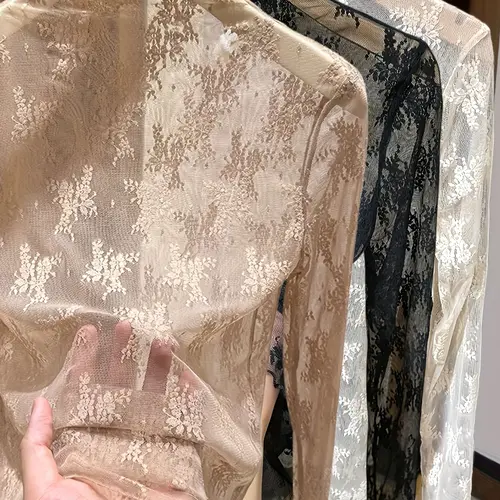 Women's Lace Long Sleeve Top Blouse, Half High Neck Design, Three-Piece Set, Autumn Winter Fashion, Inner Layer Mesh Shirt, Womenswear, Lady, Casual Breathable Elegance, Boho Sleeve Top, Bohemian Blouse, Boho Vintage Floral, Bohemian Clothing