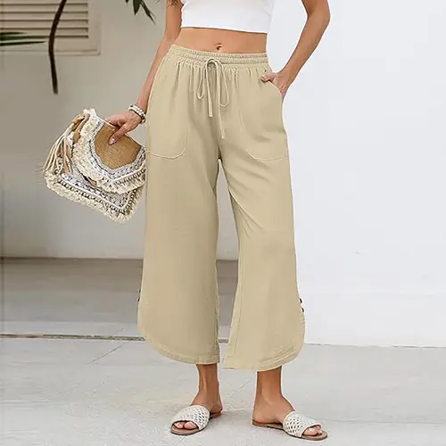 Bsubseach Womens Cotton Linen Pants Summer Capri Pants Comfy Cropped Lounge Pants with Drawstring