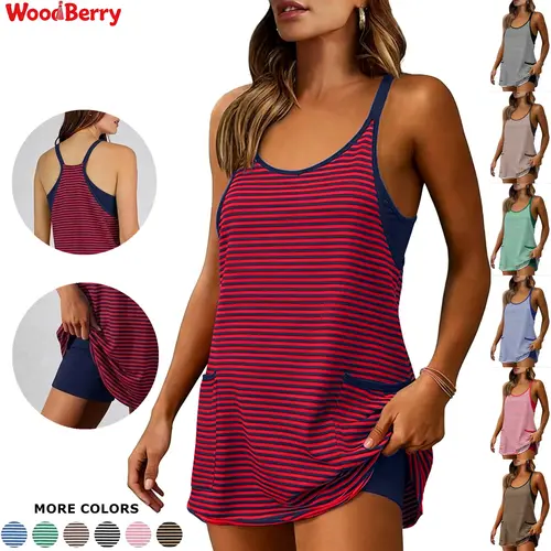 WoodBerry Women's Sleeveless V-Neck Striped Active Wear Dress - Tennis Attire, Yoga Athletic Dress, Built-in Shorts, Pockets, Sporty Chic, Ideal for Tennis, Workout, Sleeveless Top, Cotton Blend