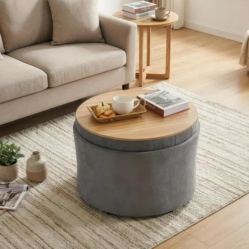 ONBRILL 25" Round Foldable Foam Cushion Ottoman Coffee Table - Casual Modern Clean-Line Design, Lift-Off Lid Hidden Storage, Sturdy Iron Frame, Single Seat Space Saving Indoor Furniture, Multifunctional Footrest Stool, Living Room Decor, Bedroom Furniture