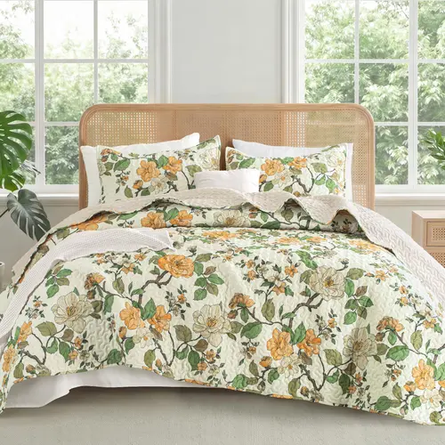 【SohoChic】Exclusivo Mezcla Floral Quilt Set Twin/Queen/King/Cal King Size, Cottagecore Garden/Botanical Pattern Reversible Lightweight Bedspreads Coverlets for All Seasons., Decorative Bedding Set, Floral Bedding Sets