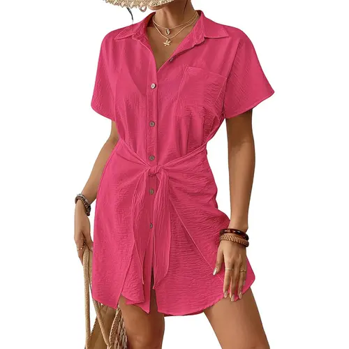 Bsubseach Womens Swimsuit Coverup Short Sleeve Button Down Tie Beach Shirt Dresses Summer Bathing Suit Cover Up Swimwear