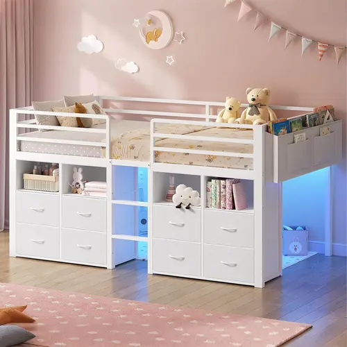 Sikaic Twin Size Low Loft Bed for Kids with 8 Storage Drawers, Bookcase & LED Lights, Metal Loft Bed with 14" High Safety Guardrails, Under-Bed Play Space, No Box Spring Needed, White, Home Furniture Christmas Gifts [SohoChic]