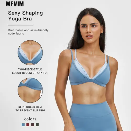 MFVIM Elegant Yoga Bra Tank Top, Thin Strap Design, Colorblock Faux Two-Piece, High Quality for Running and Fitness, Stylish Sports Top, Breathable Sports Bra,summerwins,travel essentials,camping essentials