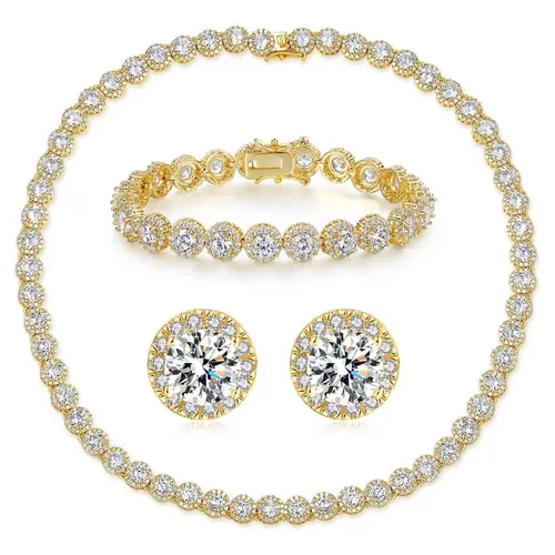 Unisex 5A+ Cubic Zirconia Jewelry Sets - White Gold-Plated Brass, 18inch Necklace/7inch Bracelet/6mm Earrings, Hypoallergenic Skin-Safe, Luxe Shine for Adults, Party Occasions