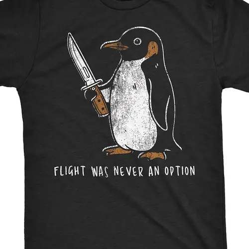 Mens Sarcastic Penguin Graphic Novelty Tee |   Flight was Never an Option, Relaxed Fit, Short Sleeve, Casual, Breathable, Soft, Summer Spring Fall Essential - Unique Gift Idea for Men, Humorous Tops for Birthday, Holiday, or Everyday Wear