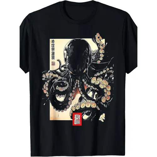 Dark Octopus Japanese Art Print T-Shirt Same Style for Men and Women 2025 Summer Short-sleeved Printed T-shirt Pure 220G