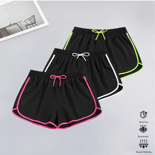 Women's Mid-Rise Polyester Active Sports Shorts (Set of 3) - Women's Clothes, Soft Smooth Fabric, Side Contrast Color Design, Non-Restrictive Elastic Waistband, Solid-Color Casual, Breathable All-Season Fitness Essential