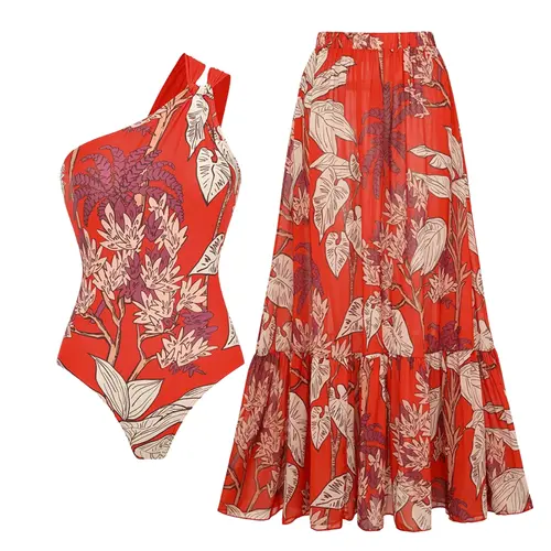 FLAXMAKER Women's One Shoulder Red Plant Print One Piece Swimsuit and Matching Cover Skirt Set Swimdress Stylish Beachwear Bathing Suit SpringStatements Swimwear Coverups vacation swimwear for women#Summervibes #Summervibes outdoorfun #SwimWeek tiktokshop