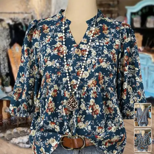 Plus Size Floral V Neck Bubble Sleeve Bohemian Boho Blouse, Loose Fit Slimming Top, Perfect for Breakfast Dates, Coffee Shops, Daily Commute, Weekend Outing