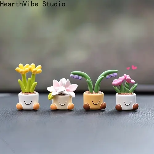 4pcs Cute Potted Flower Mini Dashboard Car Trinkets - Luxury-Feel Interior Auto Decorations for Sports & Outdoor Camping Hiking Hammock Enthusiasts, Car Desktop Decor