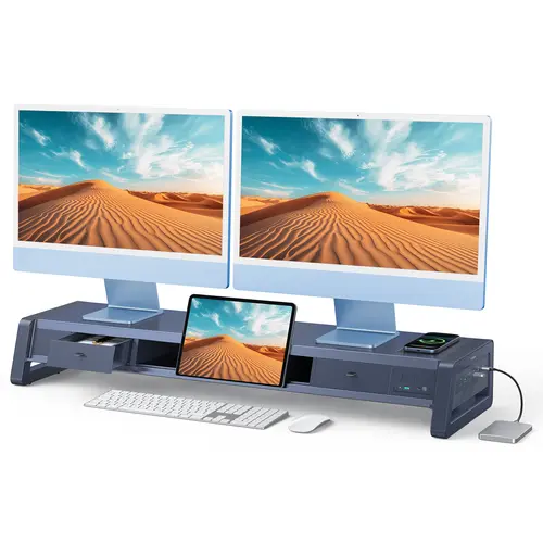 Vaydeer Metal Dual Monitor Stand Riser - 13-in-1, 8 USB Ports, Built-in LED Light Strip, Wireless Charging Pad, 2 Drawers, 50kg Load Capacity, Ergonomic Office Setup Accessory for PC/iMac, iPads, Kindles, Neck Pain Relief