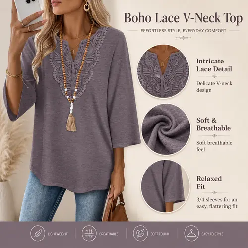 OFEEFAN Womens transitional Boho Lace V-Neck 3/4 Sleeve Relaxed Fit Top Trendy Blouses Dressy Casual  S-3XL