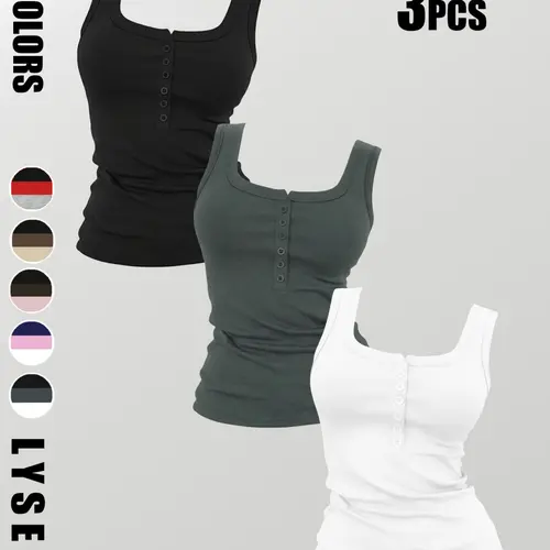 3PCS Women's Sporty Square Neck Solid Color Sleeveless Top, Breathable Button Front Tank Tops for Summer, Casual Basic Minimalist Fashion Three-Piece Set
