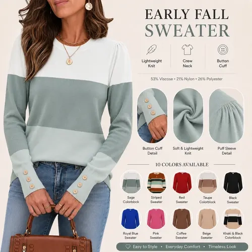 OFEEFAN Womens Sweaters Fall Fashion 2026 Long Sleeve Button Cuff Soft Knit Pullover Trendy Tops Dressy Casual Blouses