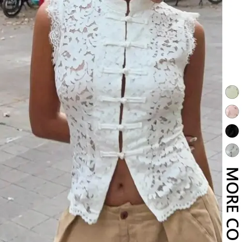 Women's Spring Summer Stand Collar Button Front Lace Vest, Floral Cut Out Hem, Lightweight Breathable Slim Fit, Casual Street Style Aesthetic Top, Fashion Vest