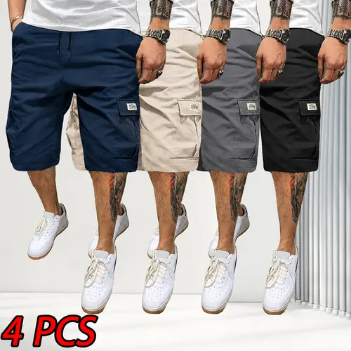 Men's 4-Piece Fitted Matching Shorts Set - Casual Summer Drawstring Color-Mixed Shorts,100% Polyester Fit Lightweight , Slanted Multipocket, Versatile Everyday Wear  Brown, Black, Green, Pink, Color-Mixed Men's Shorts,  Men's Shorts fathersdaygift,