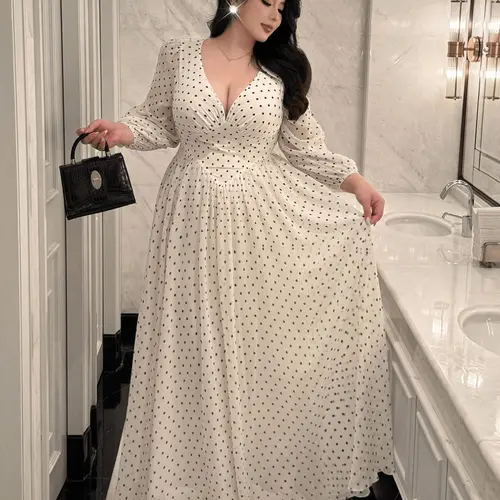 New Plus Size Women's Polka Dot V-Neck Long Sleeve Elegant Dress, Dresses with Sleeves, Stylish Casual Wear, Perfect for Daily, Comfortable and Chic Design