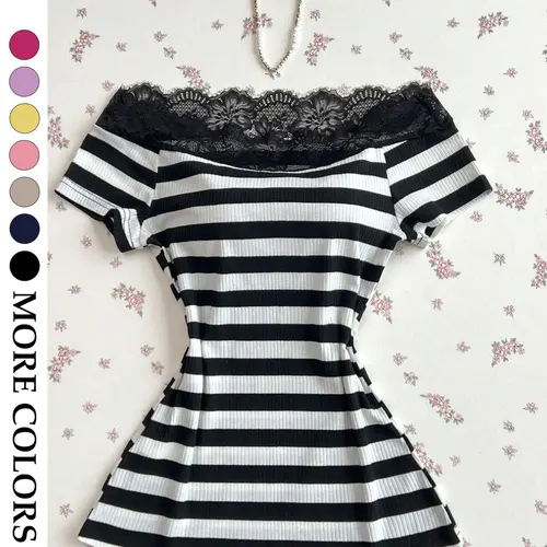 Women's Off The Shoulder Striped Top Lace Trim Short Sleeve Ribbed Slim Fit Casual T-Shirt Daily Commute Y2K Spice Girl Trendy Casual Fashion Clothing
