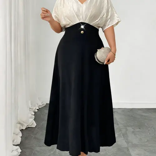 Women's Elegant Satin Colorblock Dress, Fitted Long Dress, Short Sleeve, Dresses with Sleeves, Solid Pattern, Polyester Fiber, Plus Size Available, Plus Size Dresses, Vneck Dress